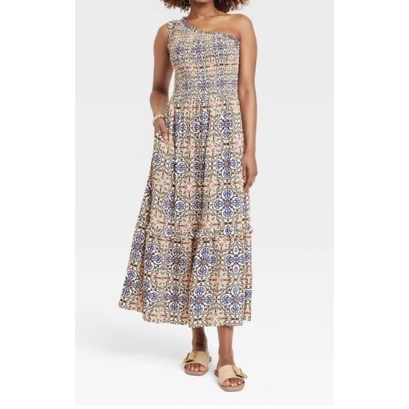 Knox Rose Women's One Shoulder Smocked Floral Tile Print Midi‎ Maxi Dress Sz L - Picture 1 of 7